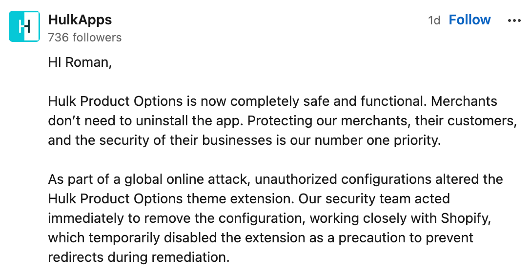 HulkApps replying to Roman Zipp on LinkedIn: Hulk Product Options is now completely safe and functional, merchants don’t need to uninstall the app